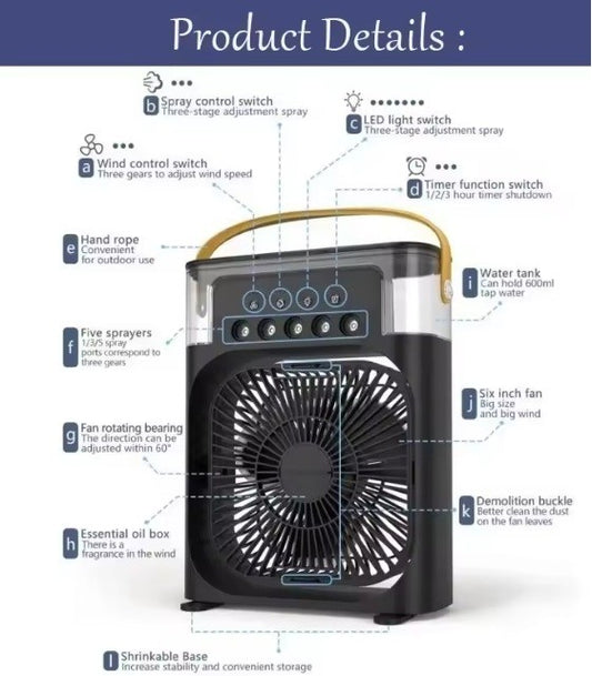 Ventilador Enfriador de Aire 3 en 1 – Aire Acondicionado + Humidificador + LED 7 Colores